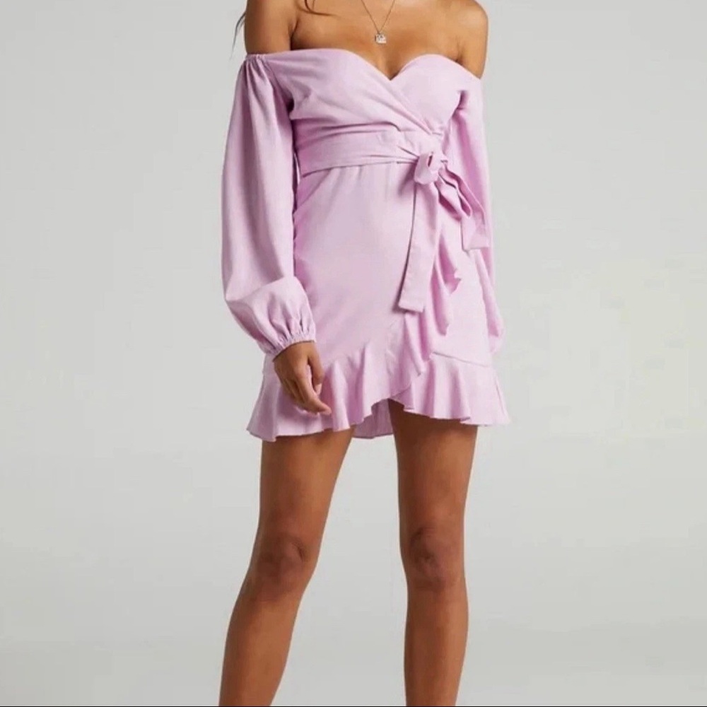 E Showpo Cant Move On Off Shoulder Mini Linen Blend Dress in Pink Lilac Size 16